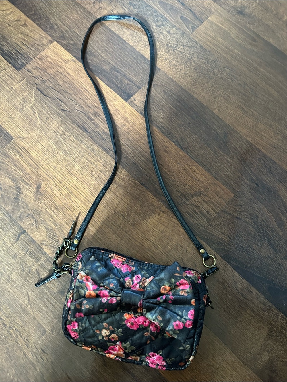 Candie's Black Quilted Crossbody with Pink Floral Bow Accent